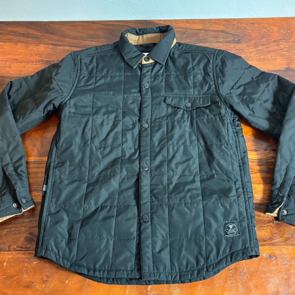 Vissla Mens Quilted Shirt Jacket Black Tan Collar Snap Front Large